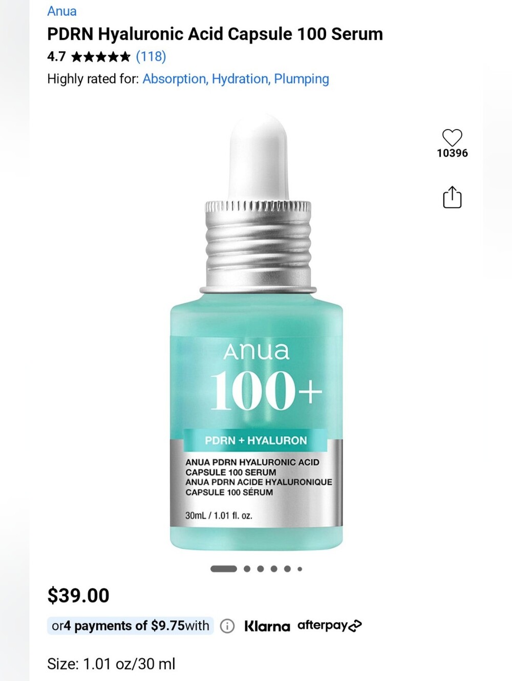 Anua 100+ PDRN + Hyaluron Hydrating Serum — Aqua